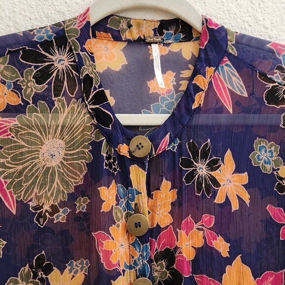 Free People Purple Floral Pleated Sheer Button Up Blouse Tunic Top Dress sz XS - Picture 5 of 12